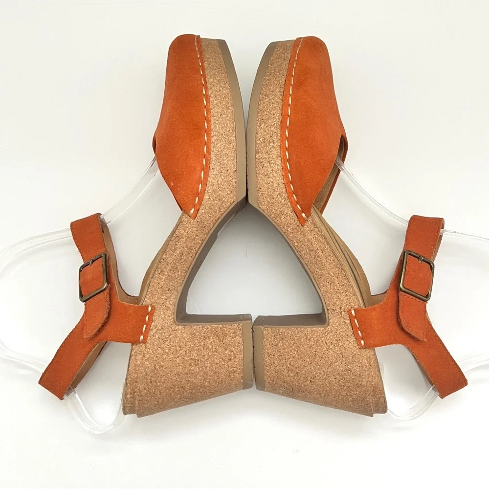 Aetrex Finley Rusty Burnt Orange Suede Leather Ankle-Strap Clog Heels 9 - Picture 2 of 14